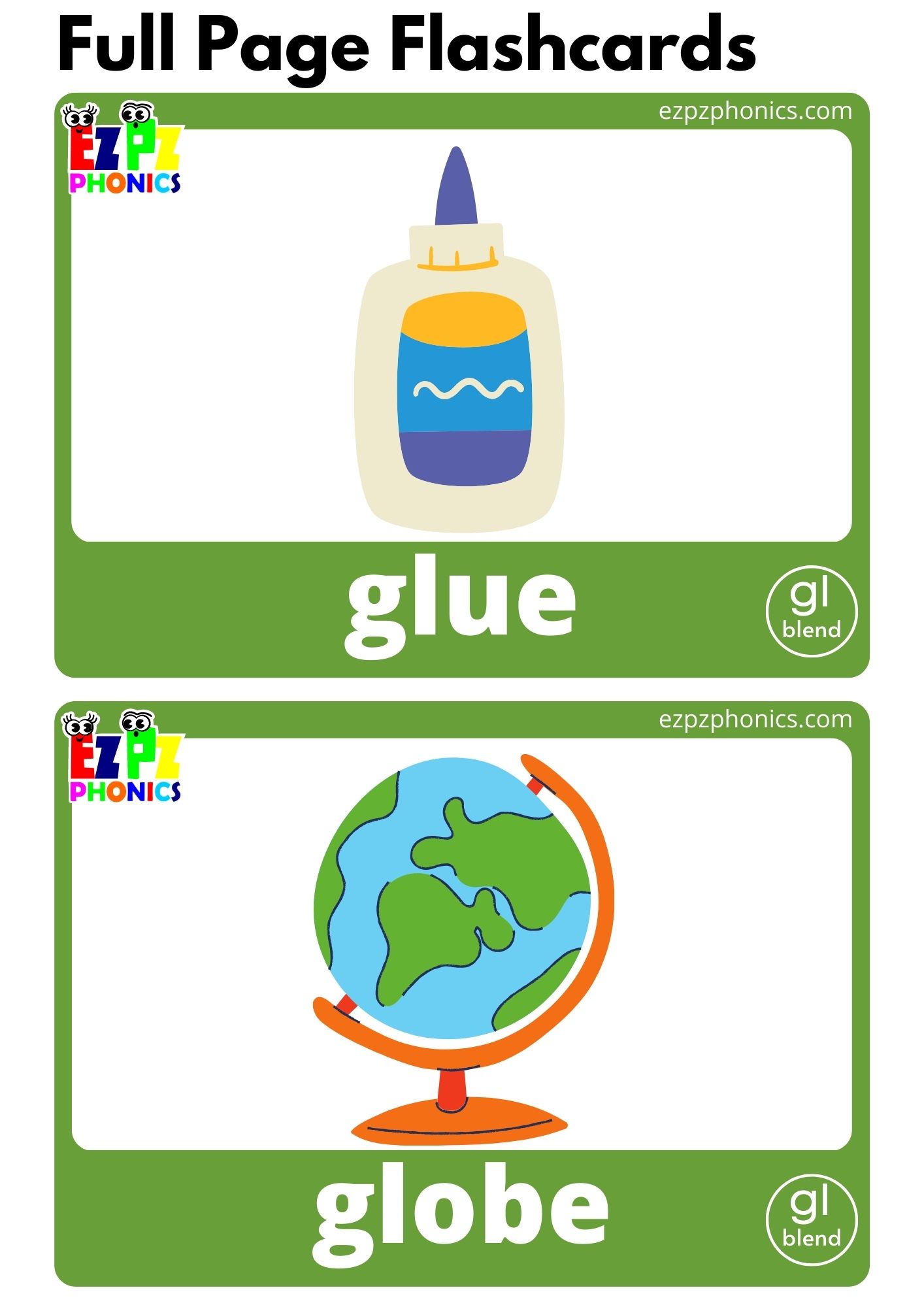 GL Blends Phonics Flashcards with Images and Words Download Free Printable PDF or View Online for Teaching Phonics to Kindergarten and ESL Students